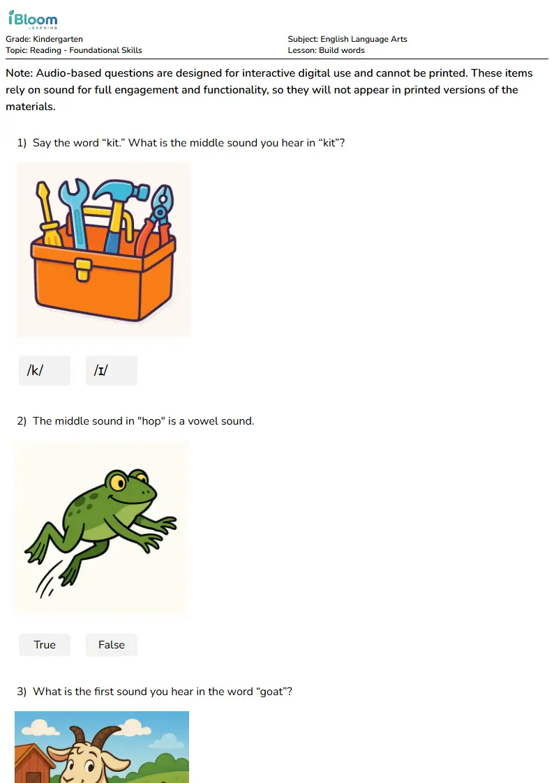 Free Build words Worksheets for Kindergarten