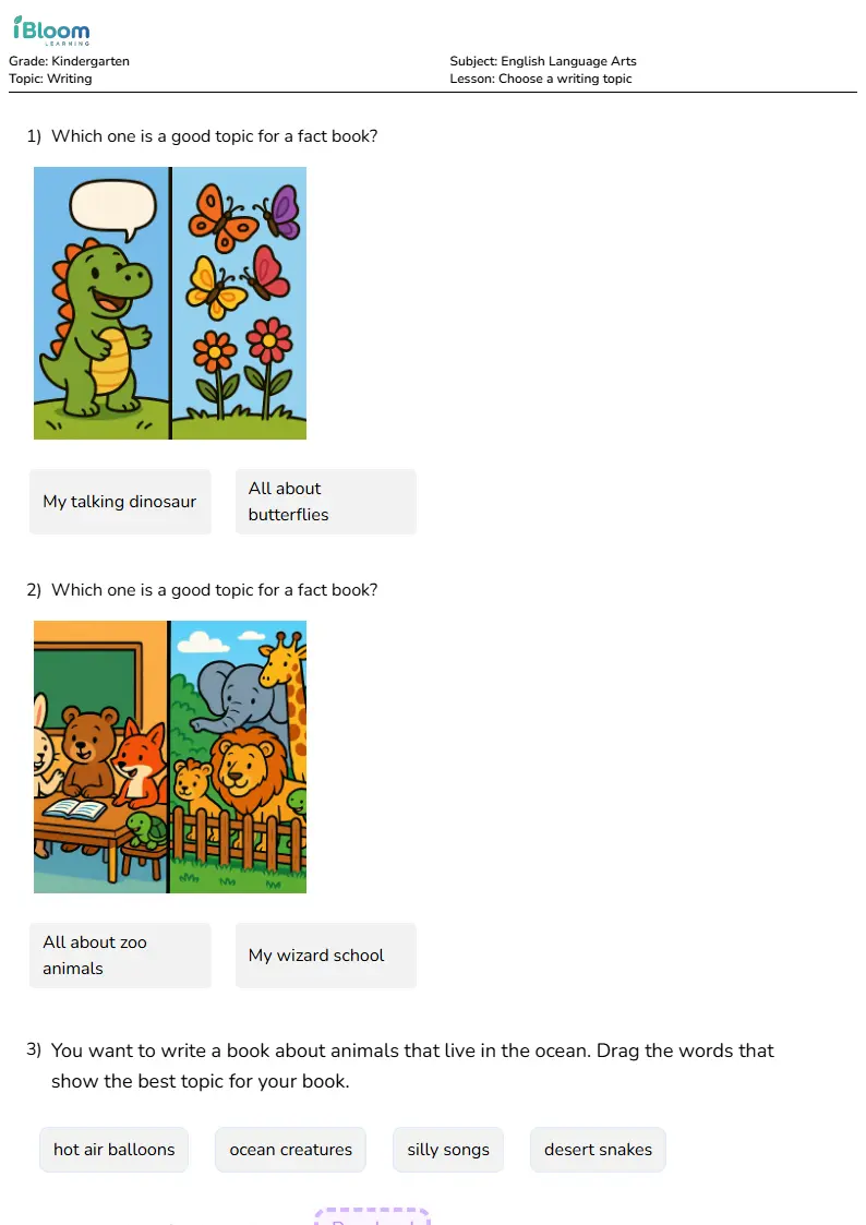 Free Choose a writing topic Worksheets for Kindergarten