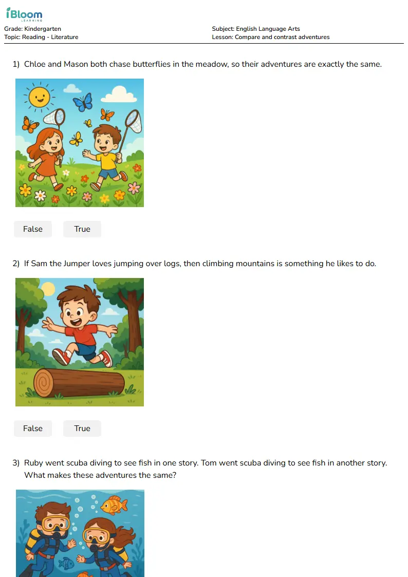 Free Compare and contrast adventures Worksheets for Kindergarten