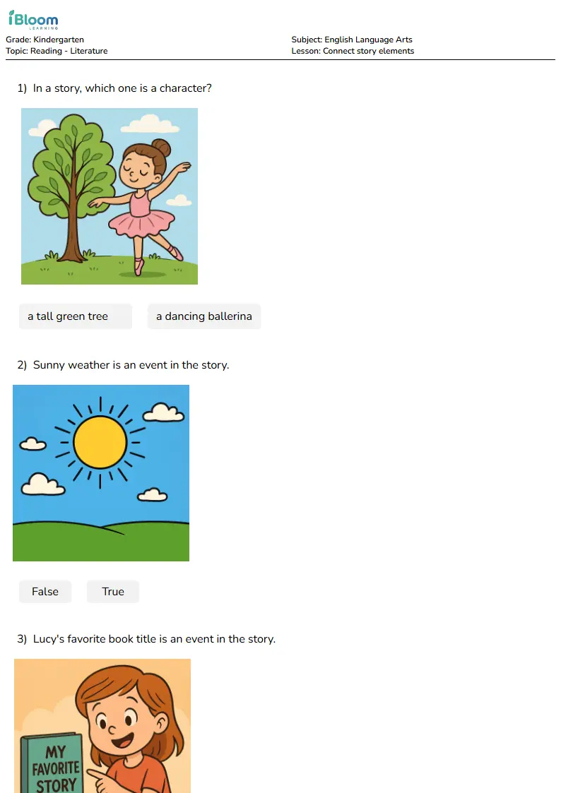 Free Connect story elements Worksheets for Kindergarten