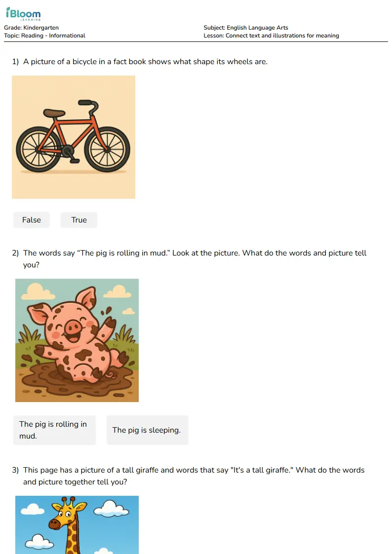 Free Connect text and illustrations for meaning Worksheets for Kindergarten