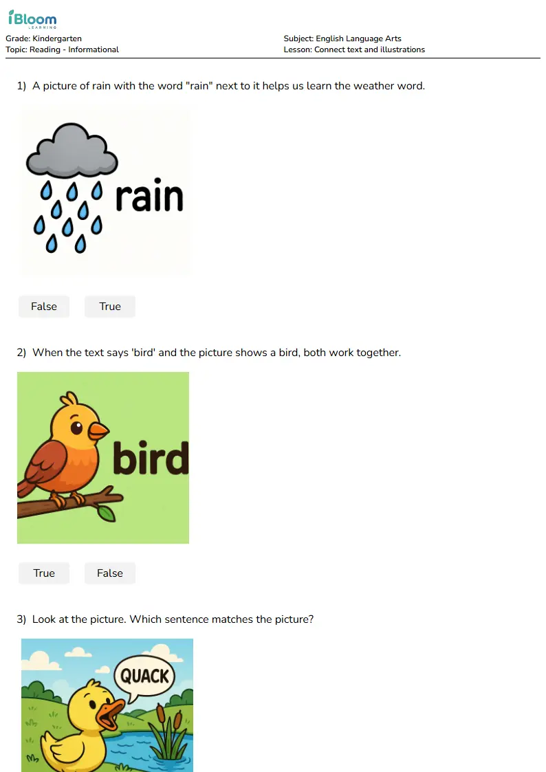 Free Connect text and illustrations Worksheets for Kindergarten