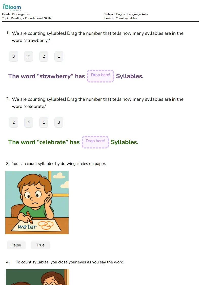 Free Count syllables Worksheets for Kindergarten