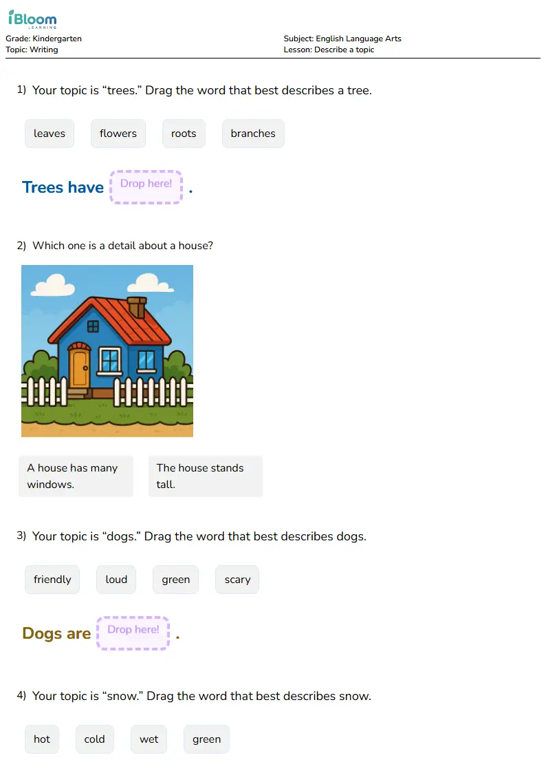 Free Describe a topic Worksheets for Kindergarten