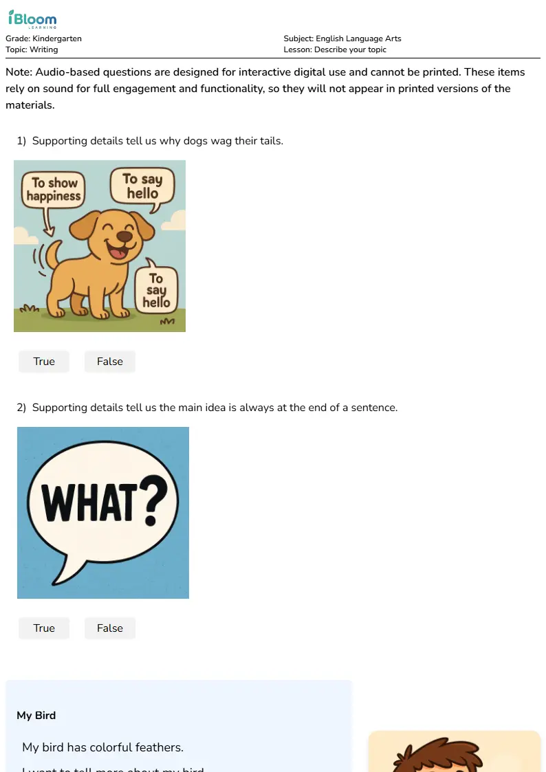 Free Describe your topic Worksheets for Kindergarten
