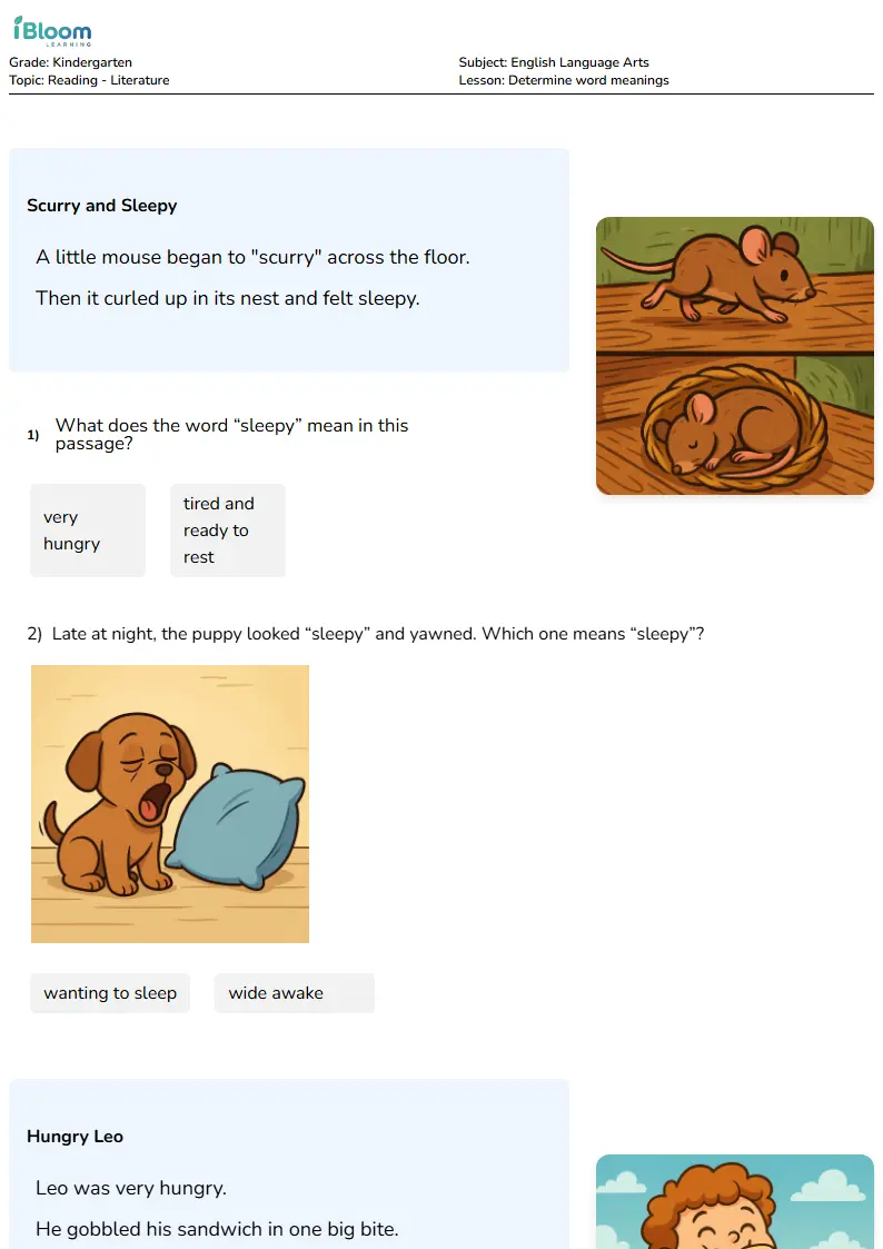Free Determine word meanings Worksheets for Kindergarten