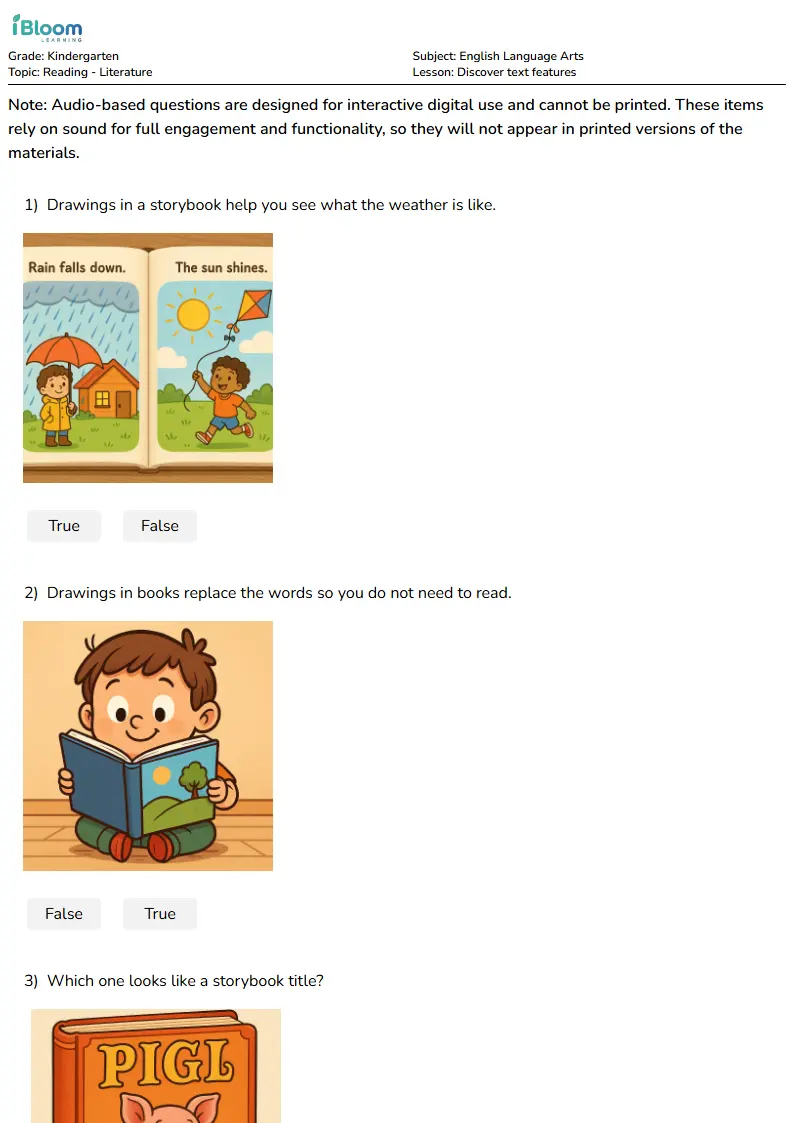 Free Discover text features Worksheets for Kindergarten