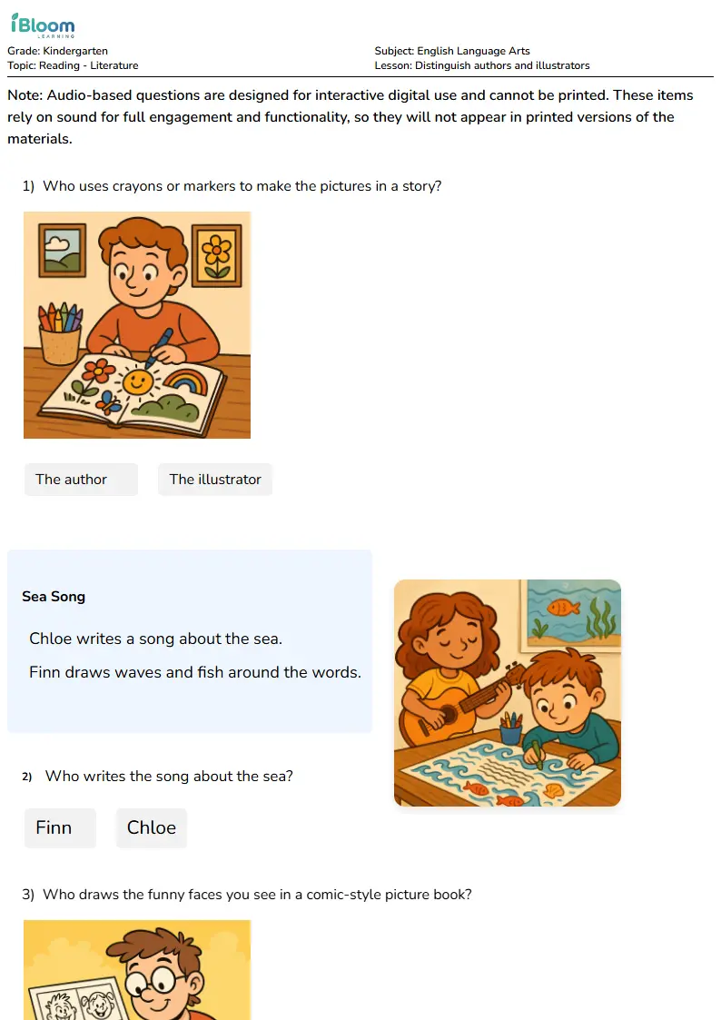 Free Distinguish authors and illustrators Worksheets for Kindergarten