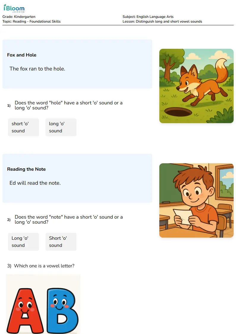 Short and Long Vowel Sounds Worksheet
