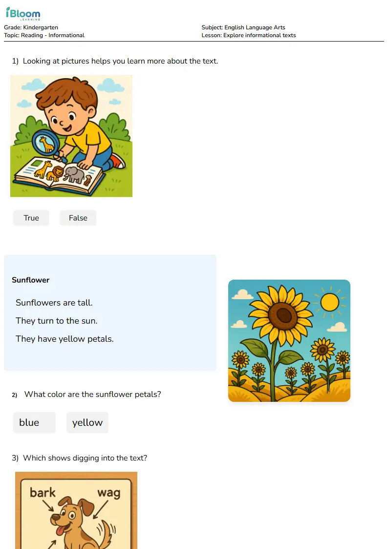 Free Explore informational texts Worksheets for Kindergarten