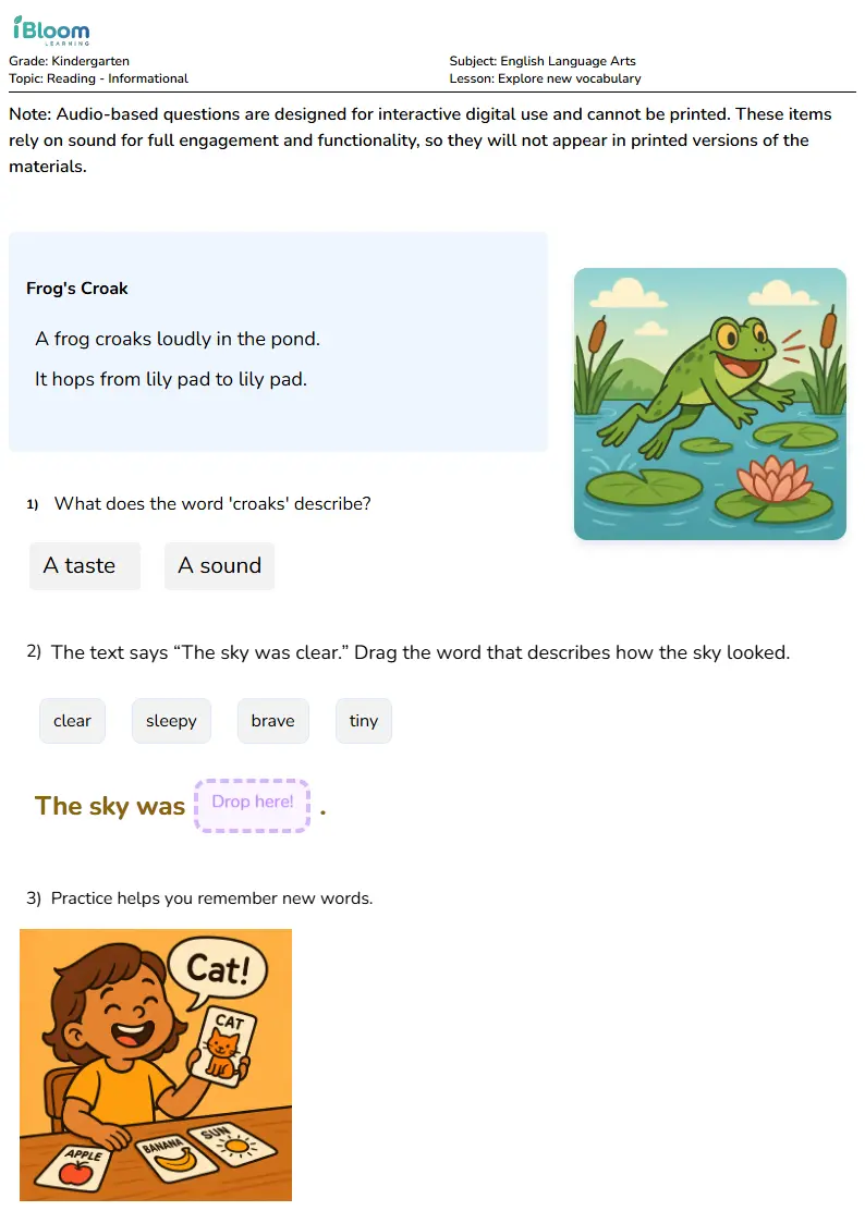Free Explore new vocabulary Worksheets for Kindergarten