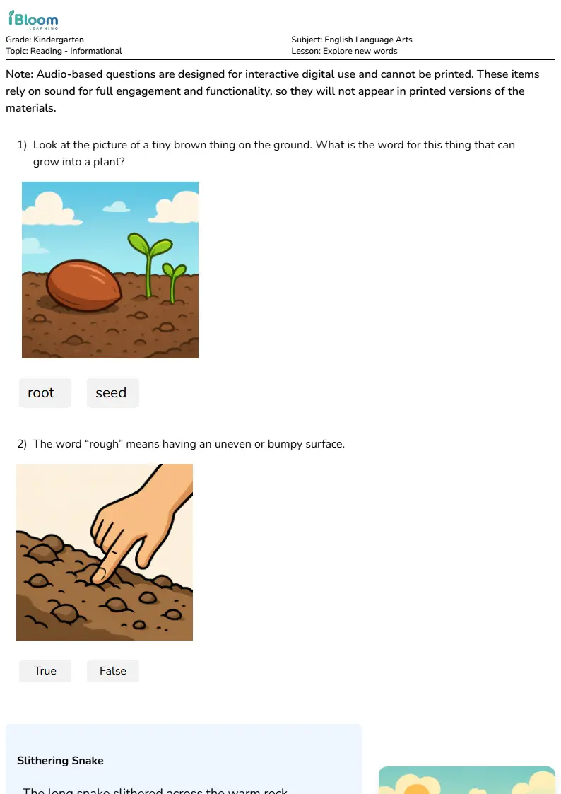 Free Explore new words Worksheets for Kindergarten