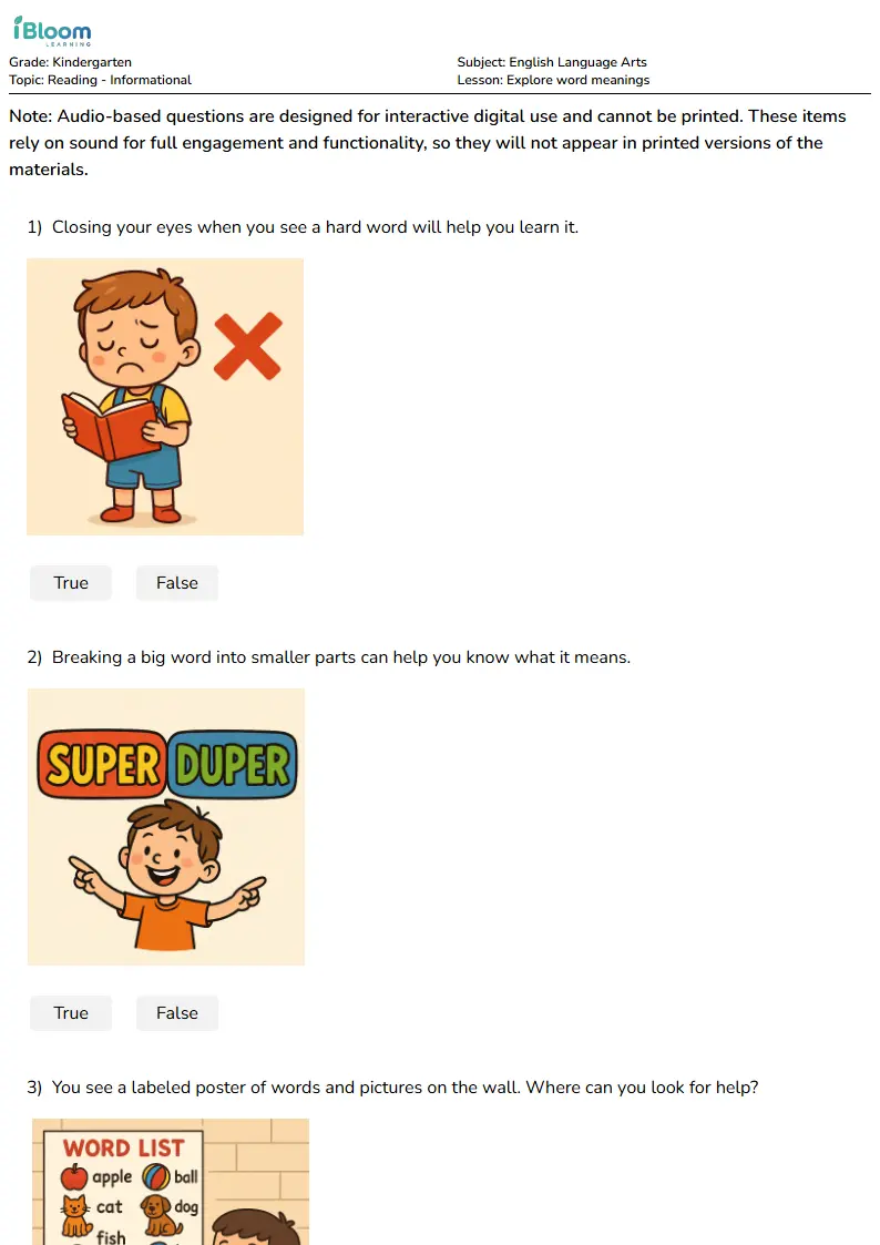 Free Explore word meanings Worksheets for Kindergarten