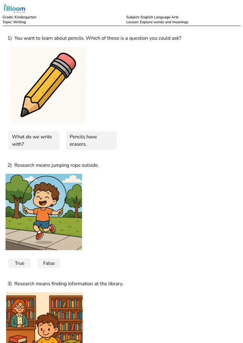 Free Explore words and meanings Worksheets for Kindergarten