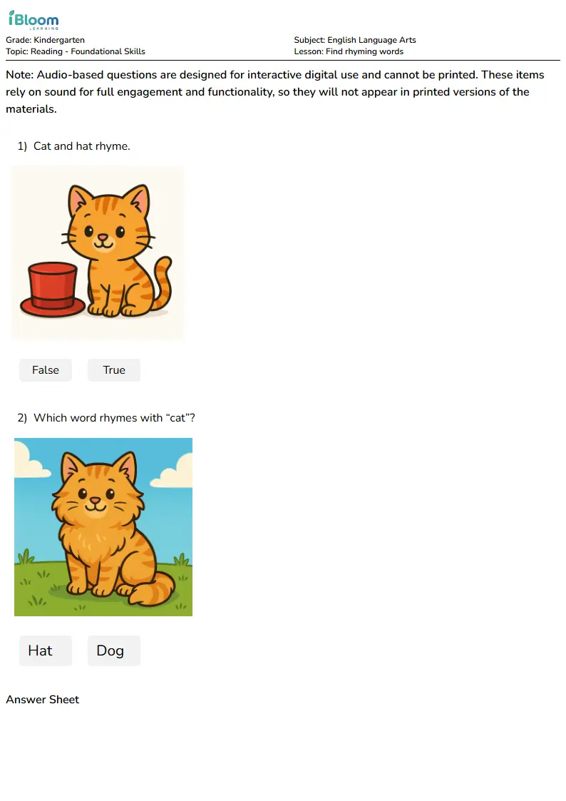 Free Find rhyming words Worksheets for Kindergarten | iBloom