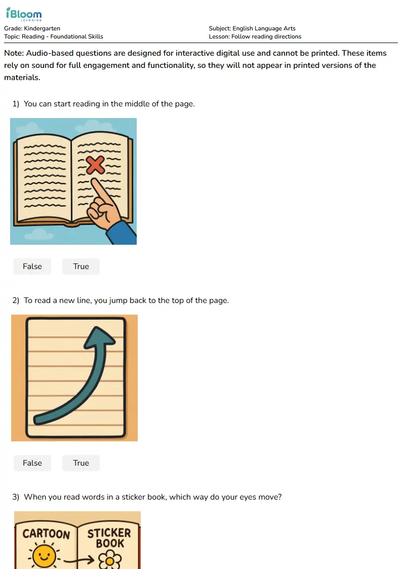 Free Follow reading directions Worksheets for Kindergarten | iBloom