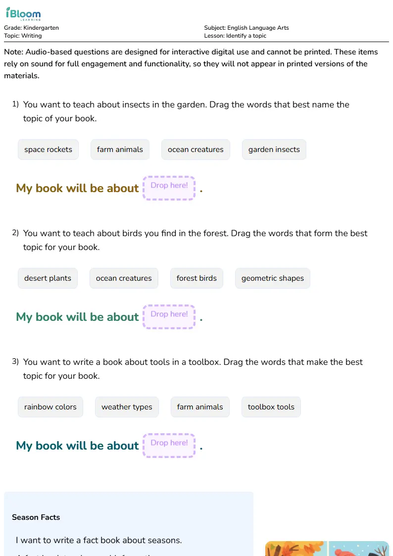 Free Identify a topic Worksheets for Kindergarten | iBloom