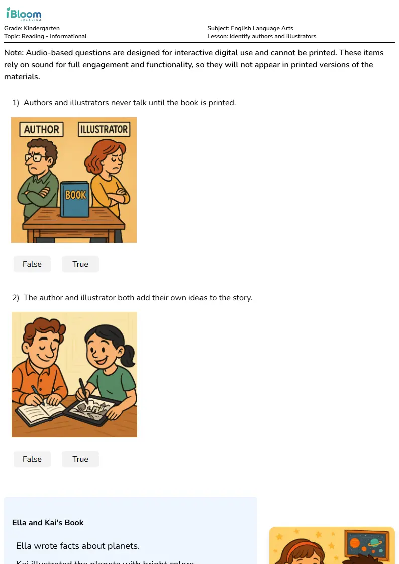 Free Identify authors and illustrators Worksheets for Kindergarten | iBloom