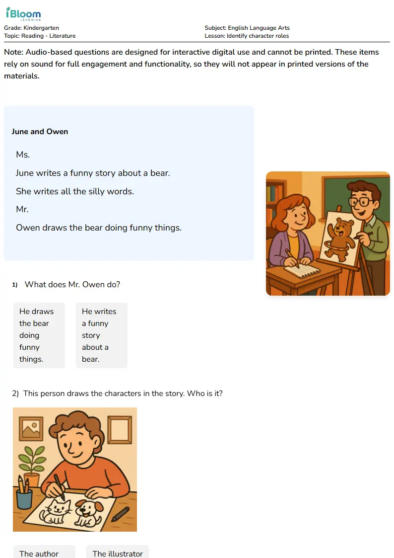 Free Identify character roles Worksheets for Kindergarten | iBloom
