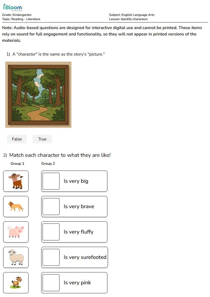 Free Identify characters Worksheets for Kindergarten | iBloom