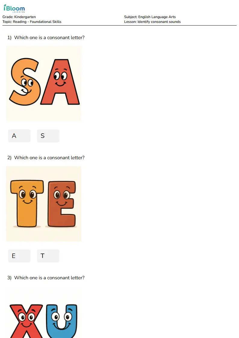 Free Identify consonant sounds Worksheets for Kindergarten | iBloom