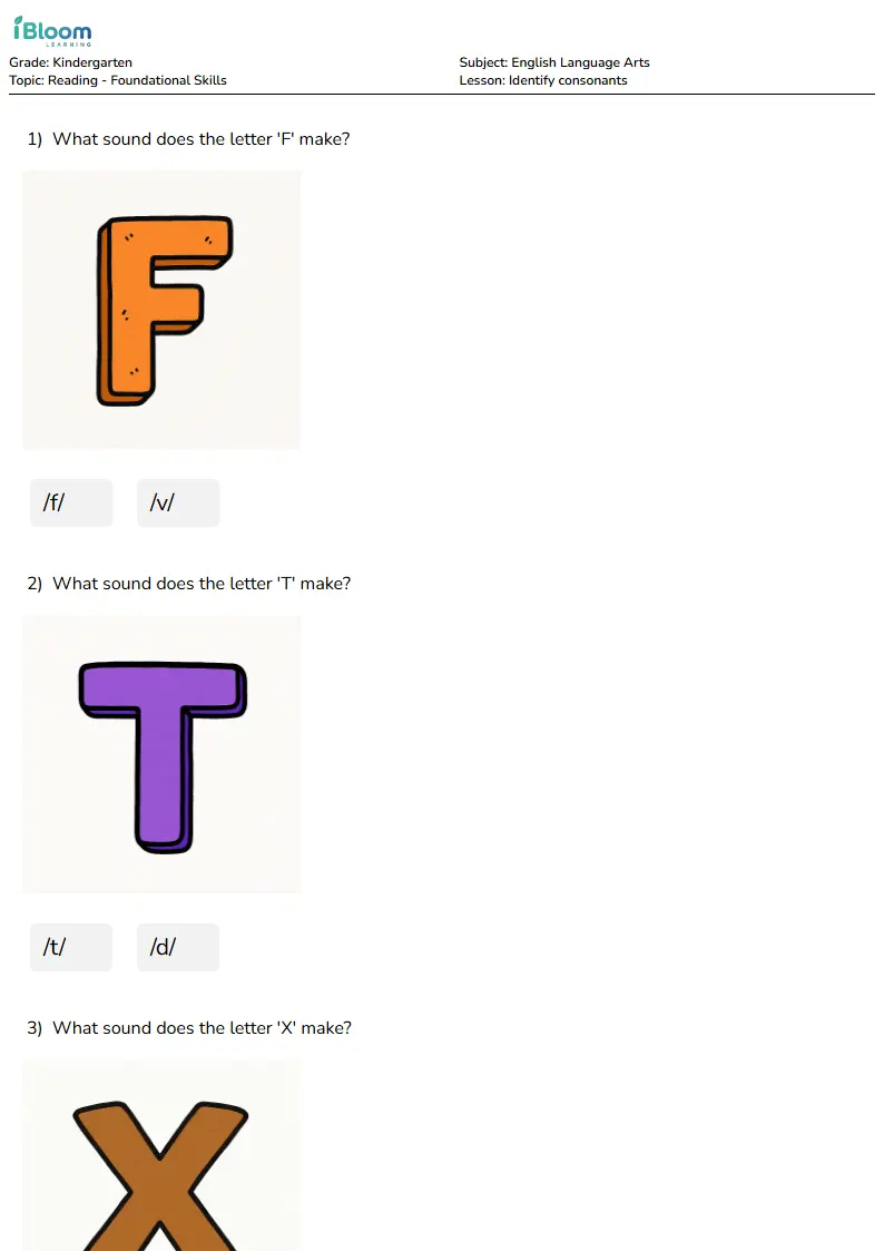 Free Identify consonants Worksheets for Kindergarten | iBloom