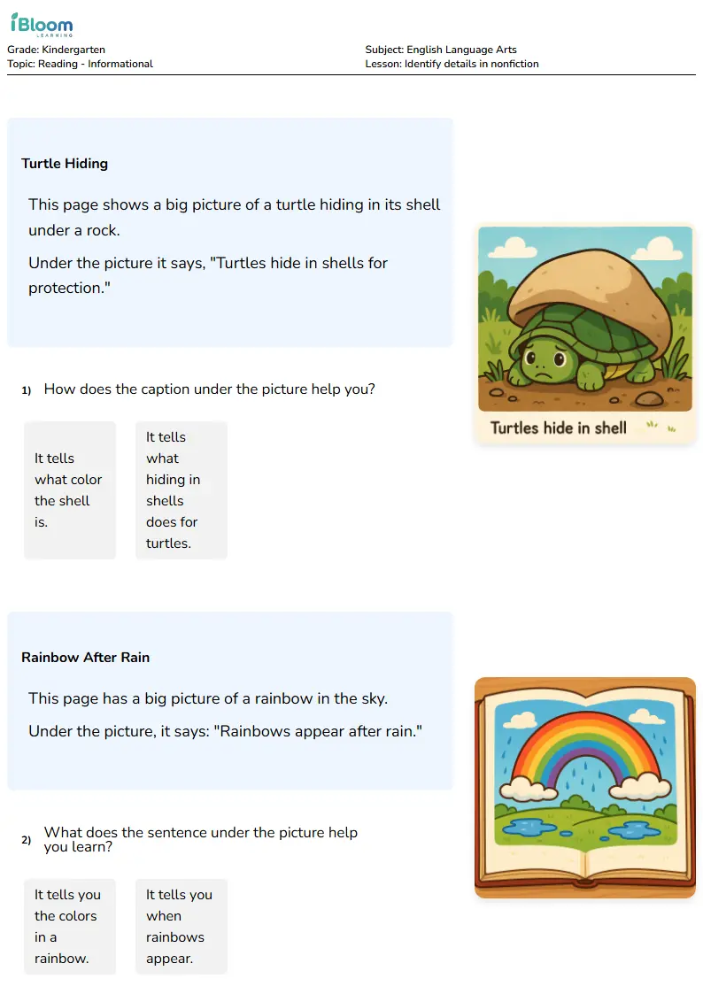 Free Identify details in nonfiction Worksheets for Kindergarten | iBloom