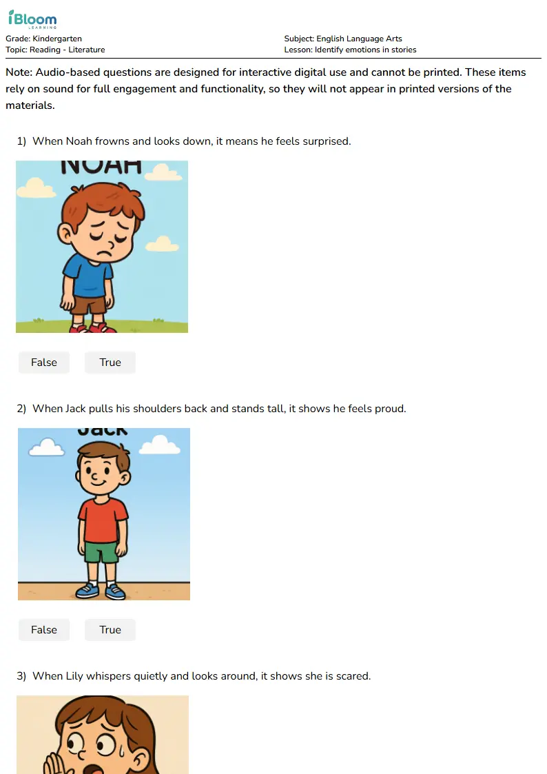 Free Identify emotions in stories Worksheets for Kindergarten | iBloom