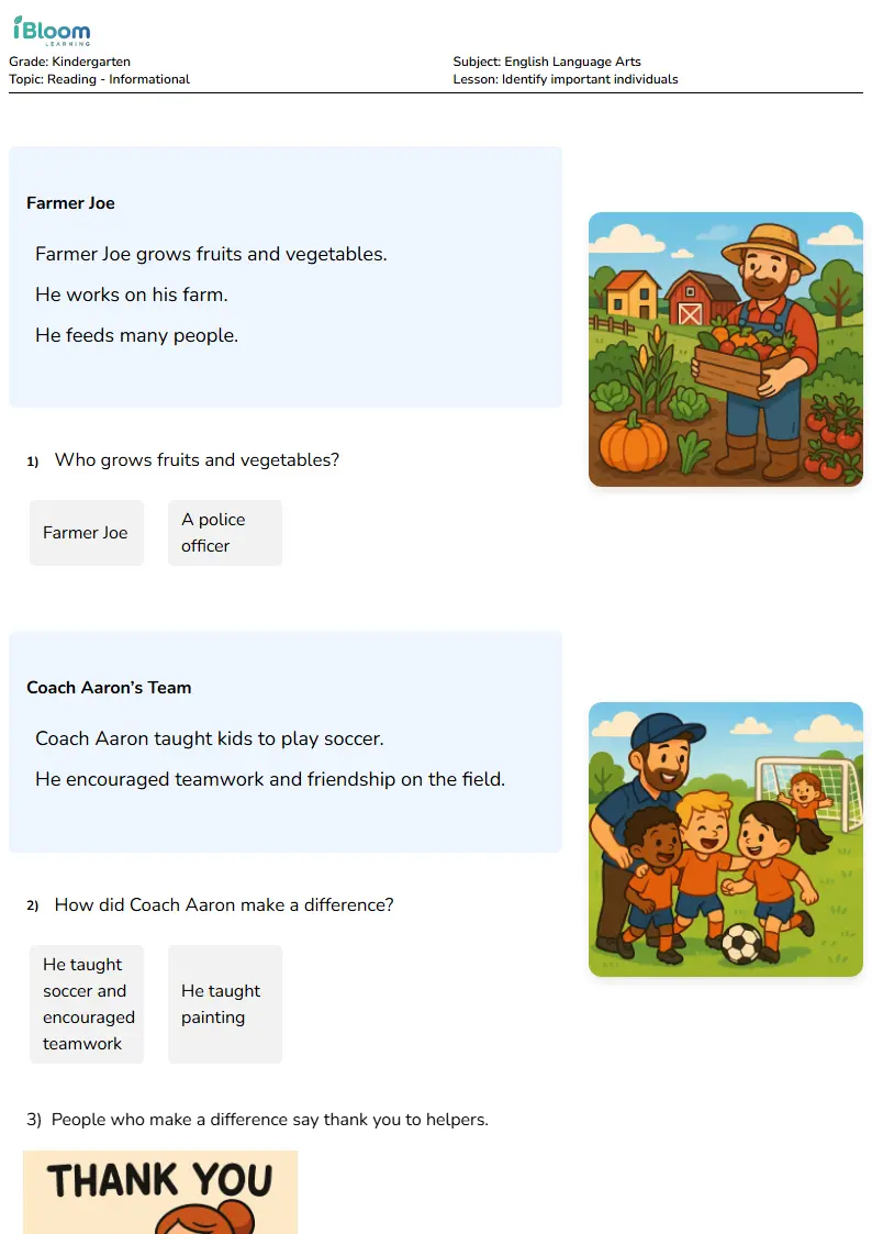 Free Identify important individuals Worksheets for Kindergarten | iBloom