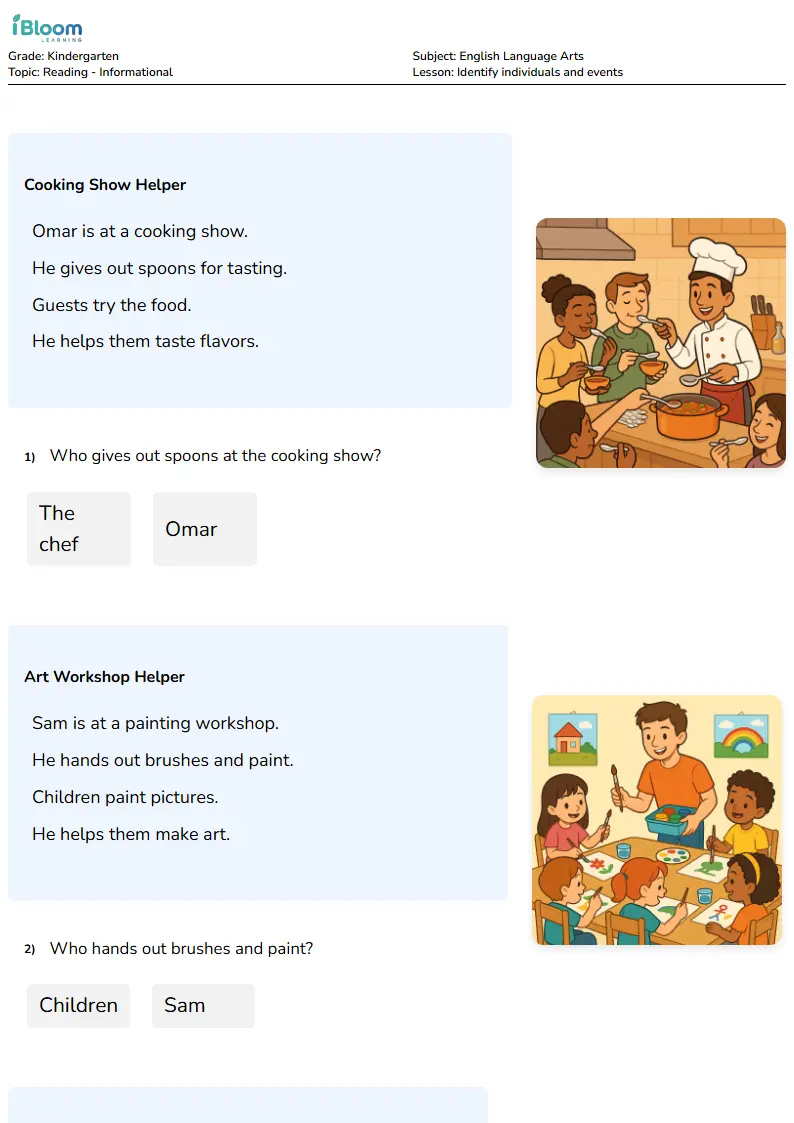 Free Identify individuals and events Worksheets for Kindergarten | iBloom