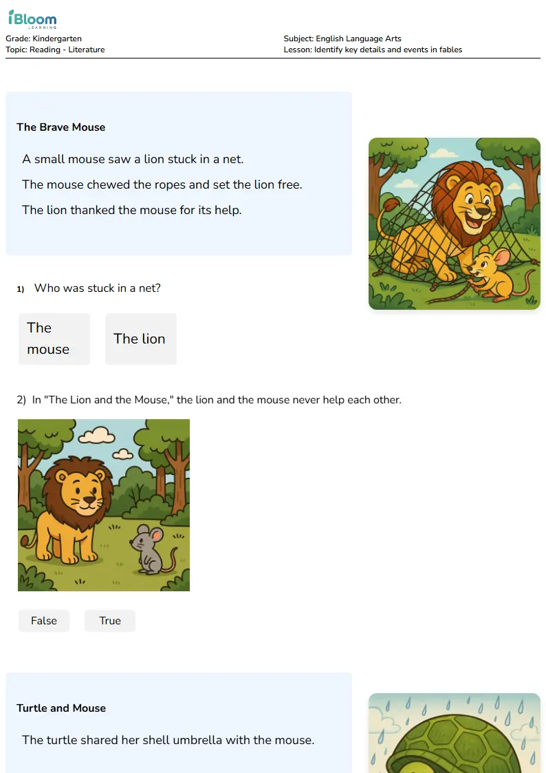 Free Identify key details and events in fables Worksheets for Kindergarten | iBloom