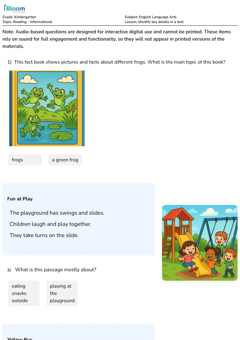 Free Identify key details in a text Worksheets for Kindergarten | iBloom