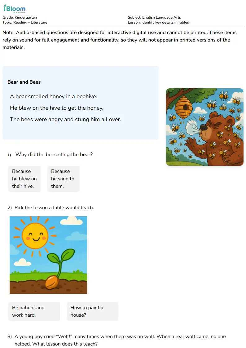 Free Identify key details in fables Worksheets for Kindergarten | iBloom