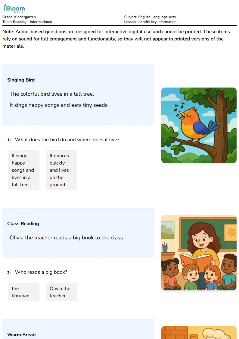 Free Identify key information Worksheets for Kindergarten | iBloom