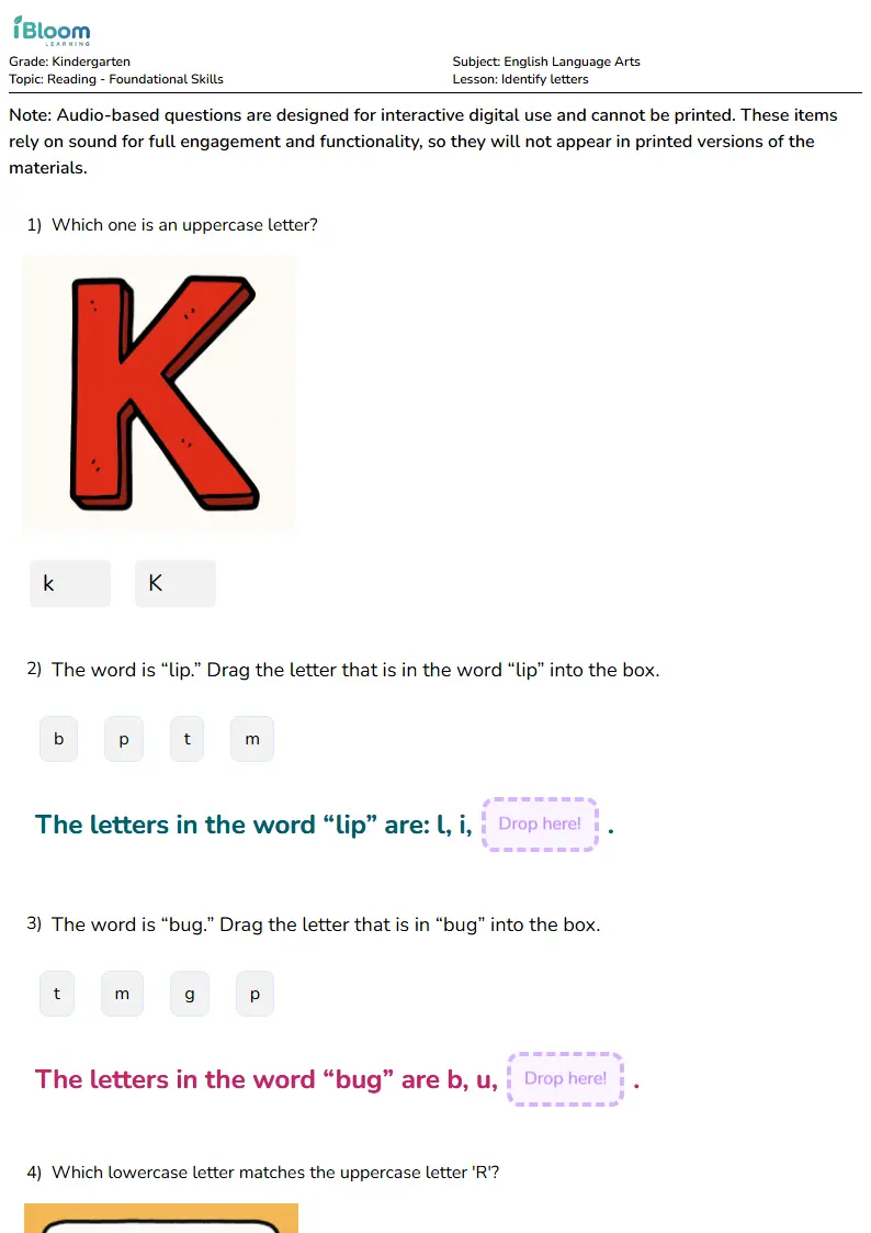 Free Identify letters Worksheets for Kindergarten | iBloom