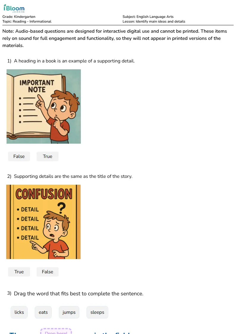 Free Identify main ideas and details Worksheets for Kindergarten | iBloom