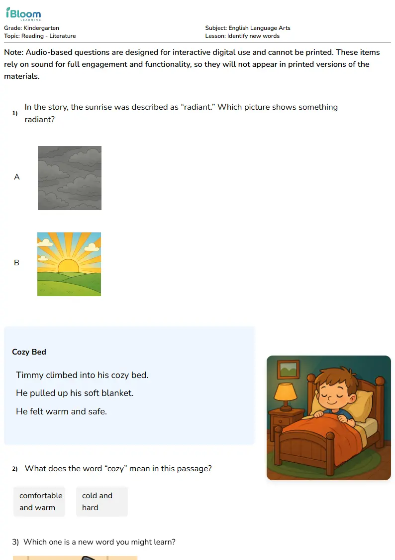 Free Identify new words Worksheets for Kindergarten | iBloom
