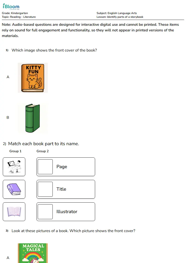 Free Identify parts of a storybook Worksheets for Kindergarten | iBloom