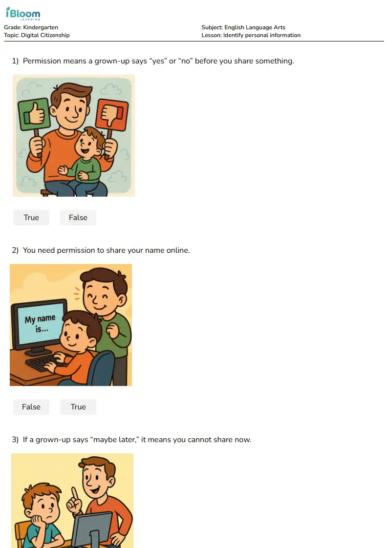 Free Identify personal information Worksheets for Kindergarten | iBloom
