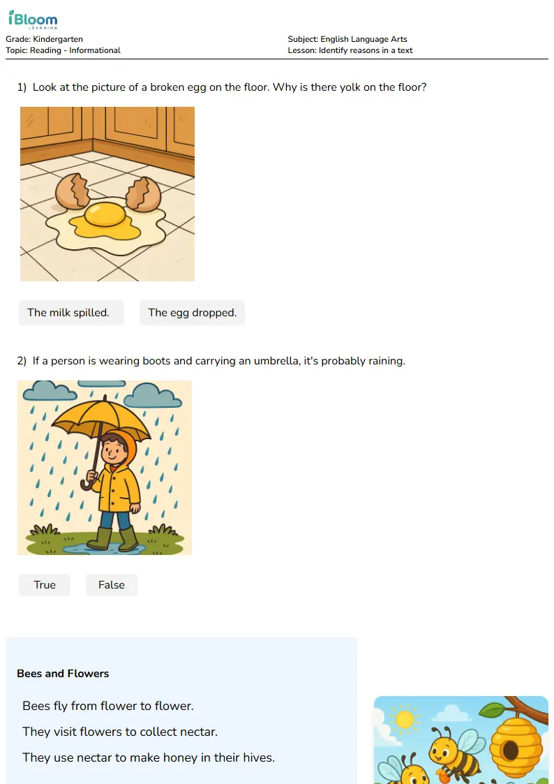 Free Identify reasons in a text Worksheets for Kindergarten | iBloom
