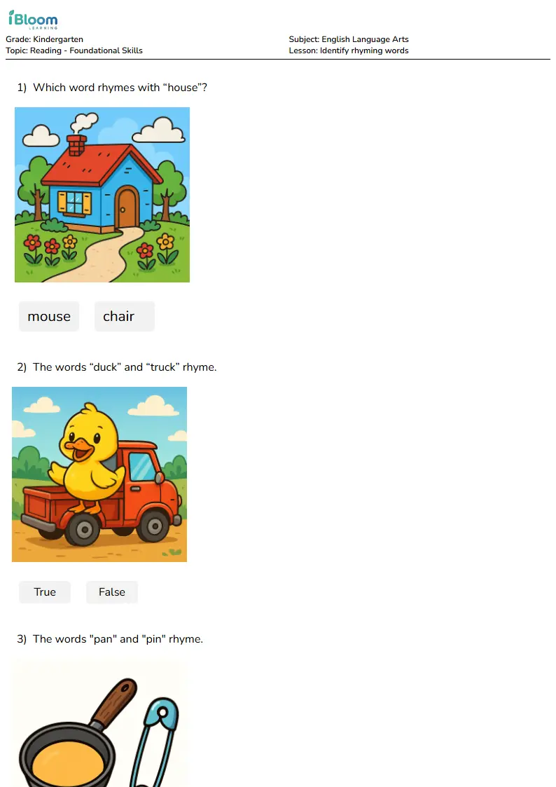 Free Identify rhyming words Worksheets for Kindergarten | iBloom