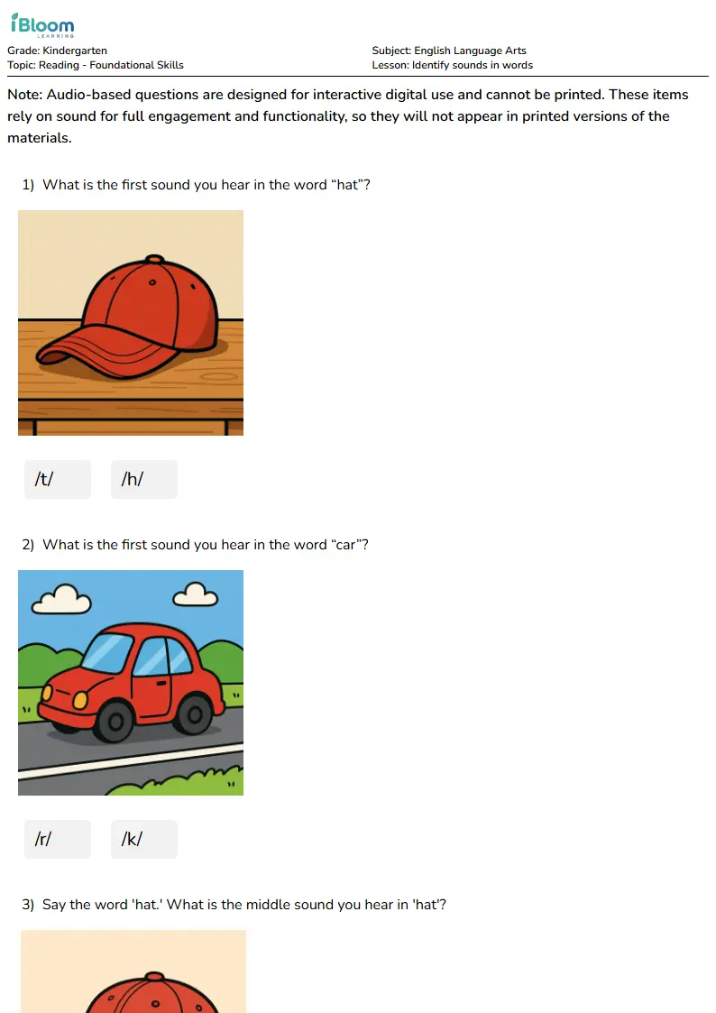 Free Identify sounds in words Worksheets for Kindergarten | iBloom
