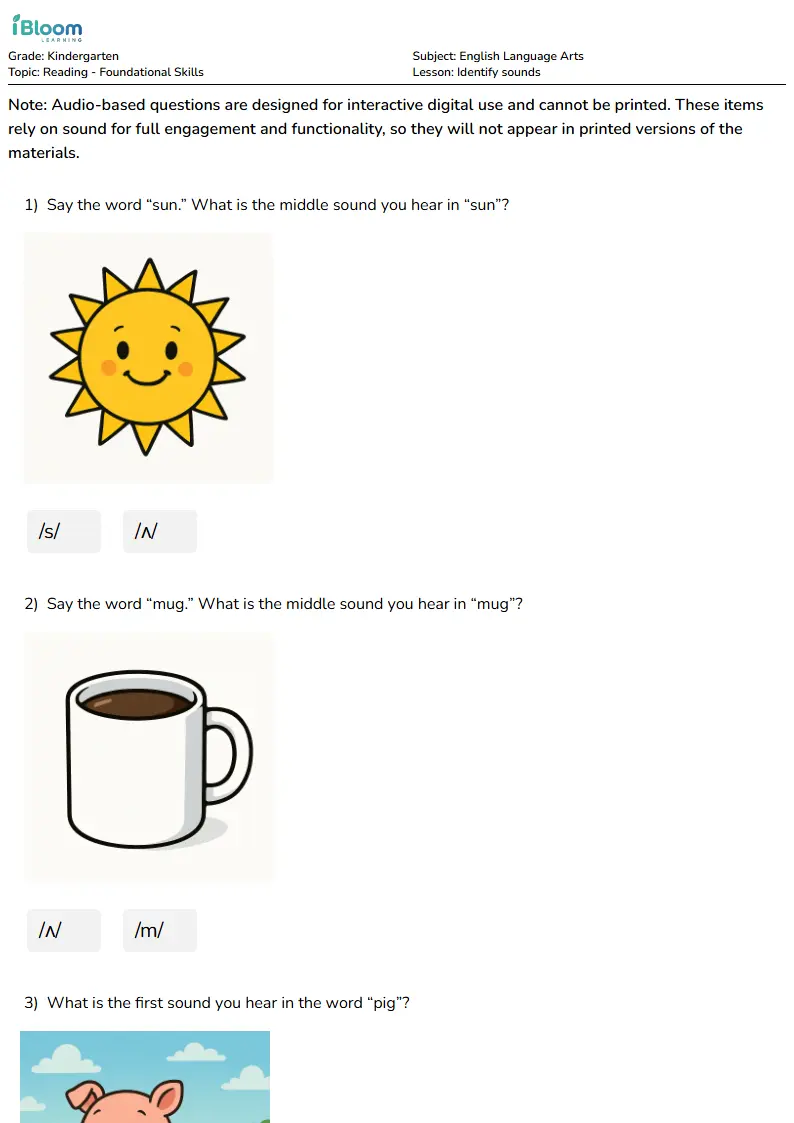 Free Identify sounds Worksheets for Kindergarten | iBloom