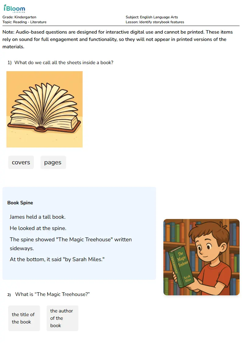 Free Identify storybook features Worksheets for Kindergarten | iBloom