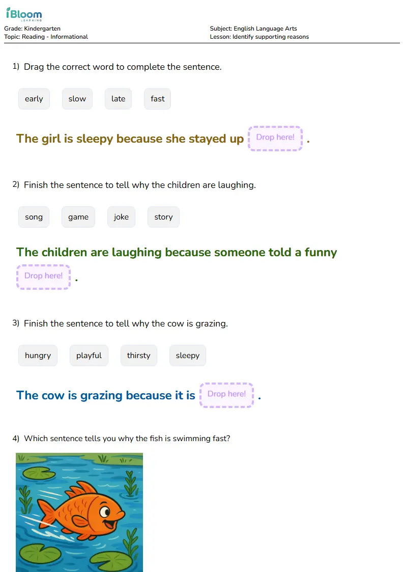 Free Identify supporting reasons Worksheets for Kindergarten | iBloom
