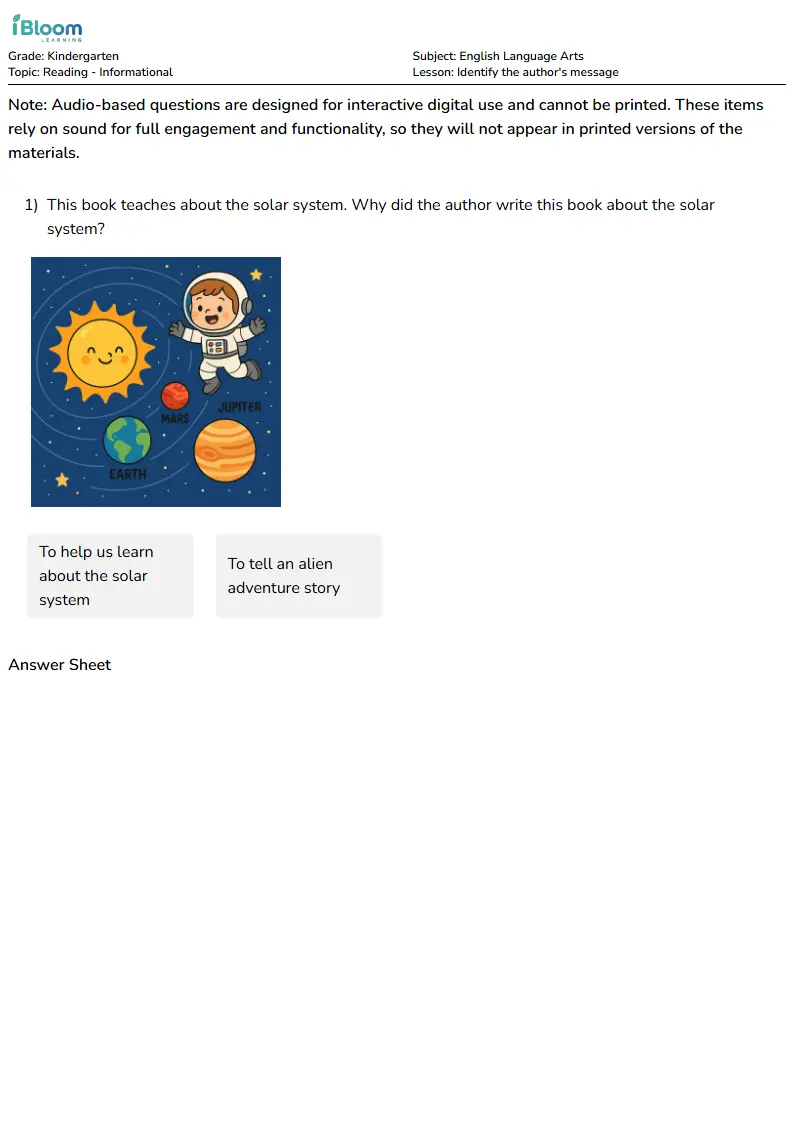 Free Identify the author's message Worksheets for Kindergarten | iBloom