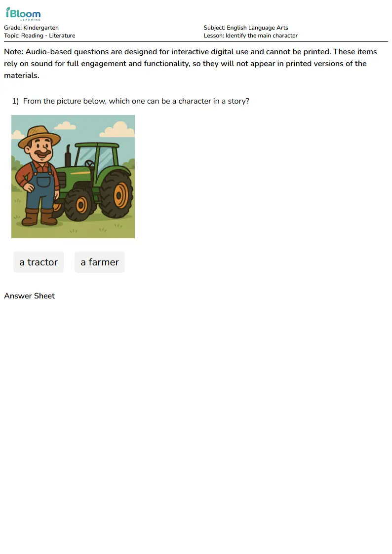 Free Identify the main character Worksheets for Kindergarten | iBloom