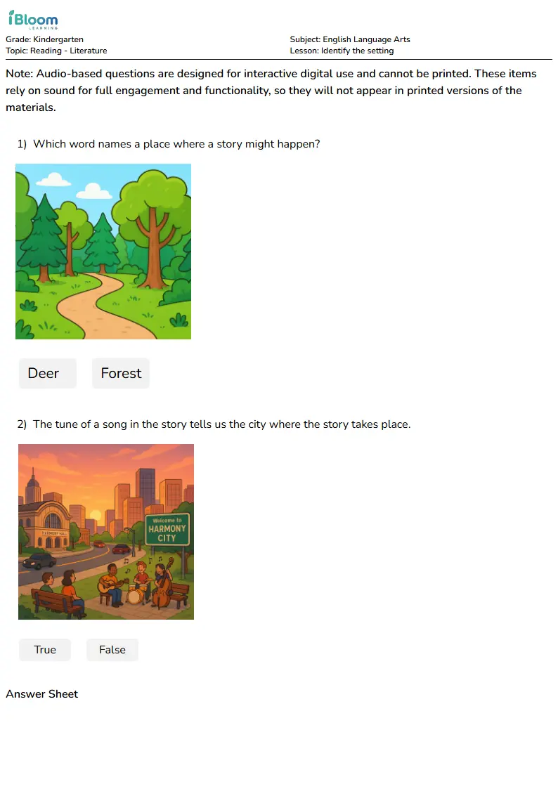 Free Identify the setting Worksheets for Kindergarten | iBloom