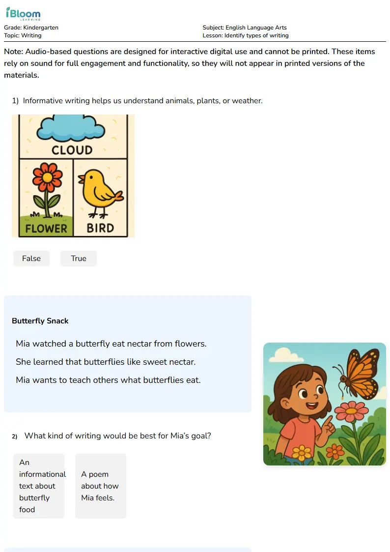 Free Identify types of writing Worksheets for Kindergarten | iBloom
