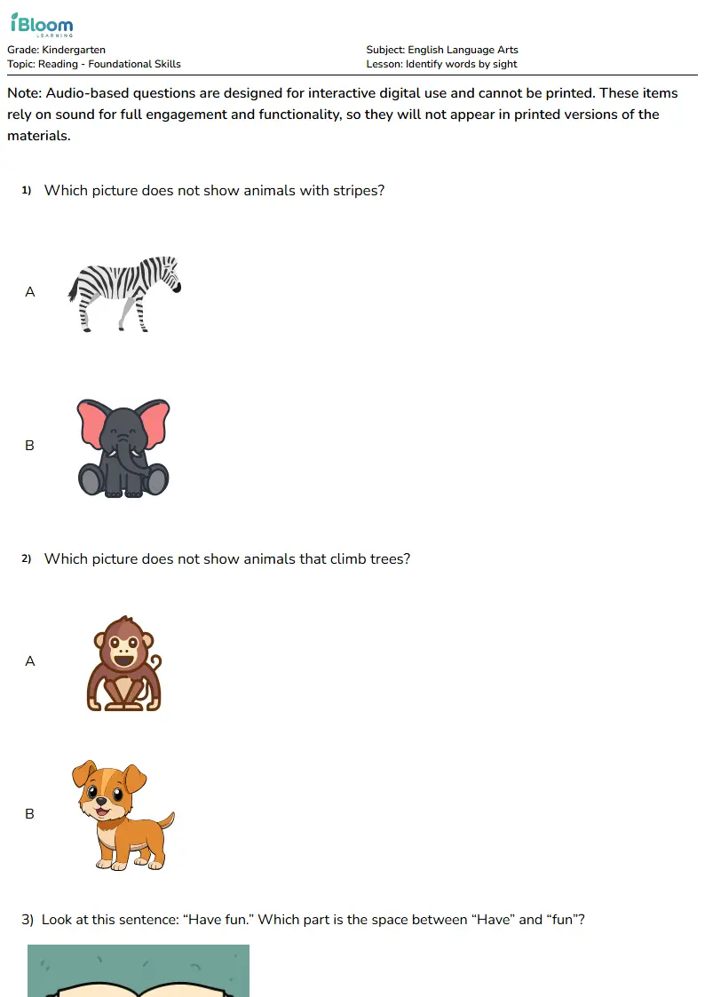 Free Identify words by sight Worksheets for Kindergarten | iBloom